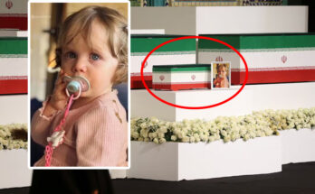 A picture of Zahra Mohammadi Golpayegani, granddaughter of Khamenei, is displayed near the coffins of Khamenei and his family members on the day international delegates participate in a farewell ceremony in Tehran