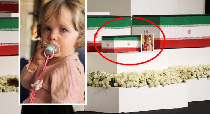 A picture of Zahra Mohammadi Golpayegani, granddaughter of Khamenei, is displayed near the coffins of Khamenei and his family members on the day international delegates participate in a farewell ceremony in Tehran