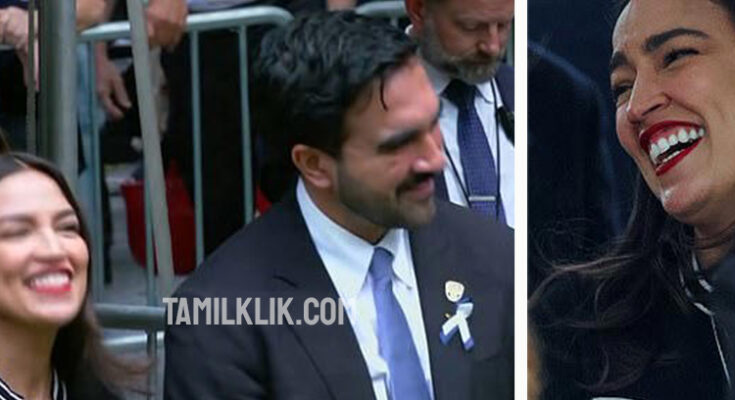 AOC and Mamdani are seen laughing together while names of dead 9/11 victims are read out