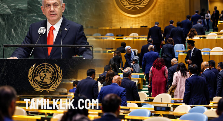 Netanyahu defends Israeli military action as delegates walk out before UN speech